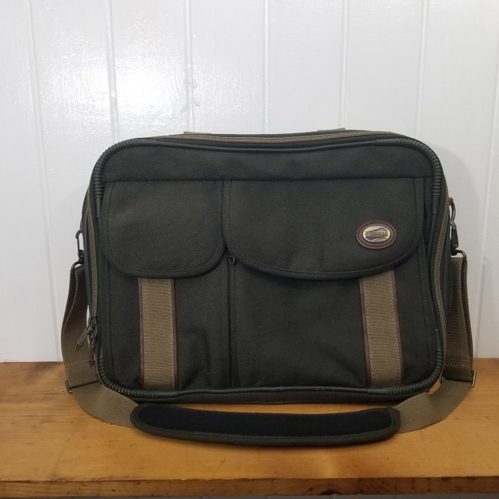 Vtg American Tourister Laptop Bag Holder Green Beige Shoulder Strap